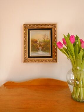 Vintage Signed Keye Lee Oil Painting Mother & Child Textured Serene Landscape